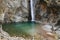 Waterfall Cascata Del Palvico with green lake
