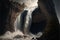 a waterfall with a cave in the middle of it and a rock formation in the middle of it