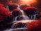 waterfall in deep autumn forest, river flow over sunset scenic landscape.