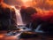 waterfall in deep autumn forest, river flow over sunset scenic landscape.
