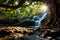 Waterfall in deep forest at Erawan Waterfall National Park, Kanchanaburi, Thailand, Generative AI