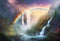 A waterfall with dense mist and a rainbow