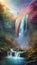 A waterfall with dense mist and a rainbow