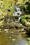 Waterfall in the Derbyshire countryside with two mallard ducks swimming