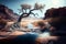 waterfall with dry tree in the middle of the desert ,river at sunset, Generative AI illustration