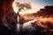 waterfall with dry tree in the middle of the desert ,river at sunset, Generative AI illustration