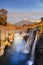 Waterfall. Fall foliage in autumn season and Mountain Fuji near