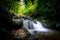 Waterfall is flowing in jungle. Waterfall in green forest. Mountain waterfall. Cascading stream in lush forest. Nature background