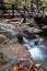 Waterfall flows gently under a curved bridge in early autumn, portrait