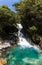 A waterfall flows into turquoise water amidst a beech forest, Fiordland National Park, New Zealand