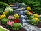 Waterfall flows and vivid flowers pot decoration in cozy home flower garden on summer