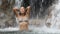 Waterfall with girl in bikini bathing and swimming in vacation travel