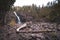 Waterfall in Gooseberry Falls State Park Minnesota, large driftwood in foreground