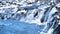 Waterfall in Iceland, Snowy Mountain and Cold River in Winter, Magical Outdoor Winter Time Location, Blue Glacial Water