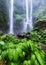 Waterfall in the Indonesia. Natural tropical landscape at the summer time. High waterfall and green grass. Mountains and canyon.