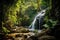 Waterfall in the jungle with natural green environment and sun rays