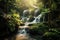 Waterfall in the jungle with natural green environment and sun rays