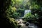 Waterfall in the jungle with natural green environment and sun rays