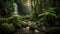 Waterfall in the jungle rainforest. River amongst palm trees and plants. Tropical landscape.