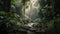 Waterfall in the jungle rainforest. River amongst palm trees and plants. Tropical landscape.