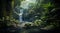 waterfall in the jungle, tropical landscape in the jungle, plants and green trees in the jungle, lake in the forest