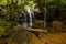 Waterfall landscape. Beautiful hidden waterfall in tropical rainforest. Blurred swing. Selected focus. Fast shutter speed. Sing