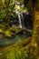 Waterfall landscape. Beautiful hidden waterfall in tropical rainforest. Tree with a swing. Fast shutter speed. Sing Sing Angin