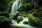 Waterfall landscape with rocks covered in green moss,Generative AI