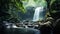waterfall in a lush green forest with rocks and mist capturing the essence of natural beauty and tranquility