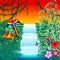 Waterfall Macaws and Butterflies on Exotic Landscape in the Jungle Naif Style Vector Illustration