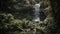 a waterfall in the middle of a forest filled with trees and rocks, with moss growing on the ground and rocks in the foreground