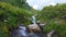 Waterfall in mountain in the Alp. View of alpine green meadows with waterfall.