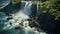 waterfall in an overhead shot, with water cascading down surrounded by rocks and vegetation by AI generated