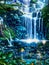 Waterfall painting with beautiful scenery. Landscape with trees, rocks, houses and waterfalls.