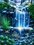 Waterfall painting with beautiful scenery. Landscape with trees, rocks and waterfalls in the winter.
