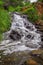 Waterfall and red dirt hiking trail to Queen`s Bath, Kauai, Hawaii, USA