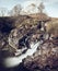 Waterfall on river Coupall at delta to river Etive. Snowy mountain Stob Dearg 1021 metres high