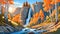 Waterfall rocky river cliffs autumn trees sunset nature landscape scenic