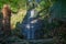 Waterfall running down rock face in sub tropical garden