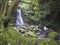 Waterfall Salto de Prego in the rainforest jungle at the end of the hiking trail in Faial da Terra, Sao Miguel island in