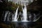 a waterfall is seen next to some trees on a hillside