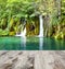 Waterfall and wood pier