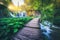 Waterfall and wooden path in green forest in Plitvice Lakes