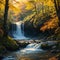 Waterfall in yellow Autumn forest, landscape, vertical made with Generative AI