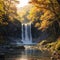 Waterfall in yellow Autumn forest, landscape, vertical made with Generative AI