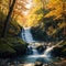 Waterfall in yellow Autumn forest, landscape, vertical made with Generative AI
