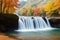 Waterfalls in autumn Incorporate a foreground element made with generative ai