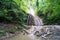 Waterfalls Caucasus. Mountain landscapes. Green meadows. Mountain peaks. The road to the mountains. Mountain roads.