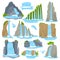 Waterfalls flat icons set. Ecosystem. Moving or sloping water move from rocks. Beautiful tropical landscape