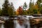 Waterfalls flowing into Lake of the Falls in Mercer, Wisconsin in September